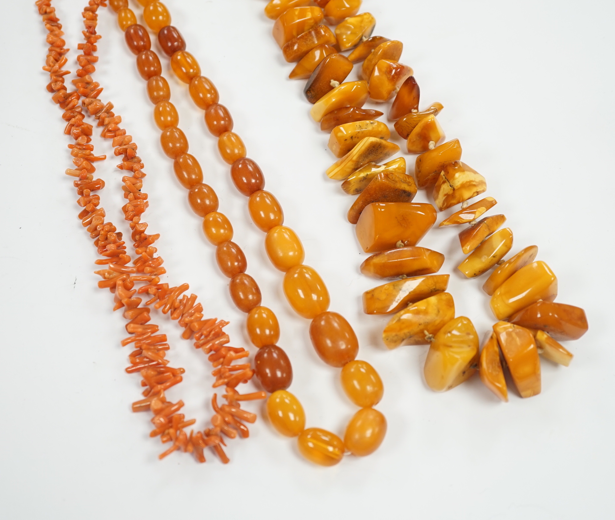 A single strand graduated amber bead necklace, 56cm, gross weight 34 grams, one other amber necklace and a coral necklace.